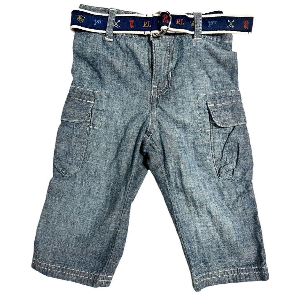 Ralph Lauren Boys Sz 9 Months Chambray Cargo Pants 1st Place Ribbon Belt EUC